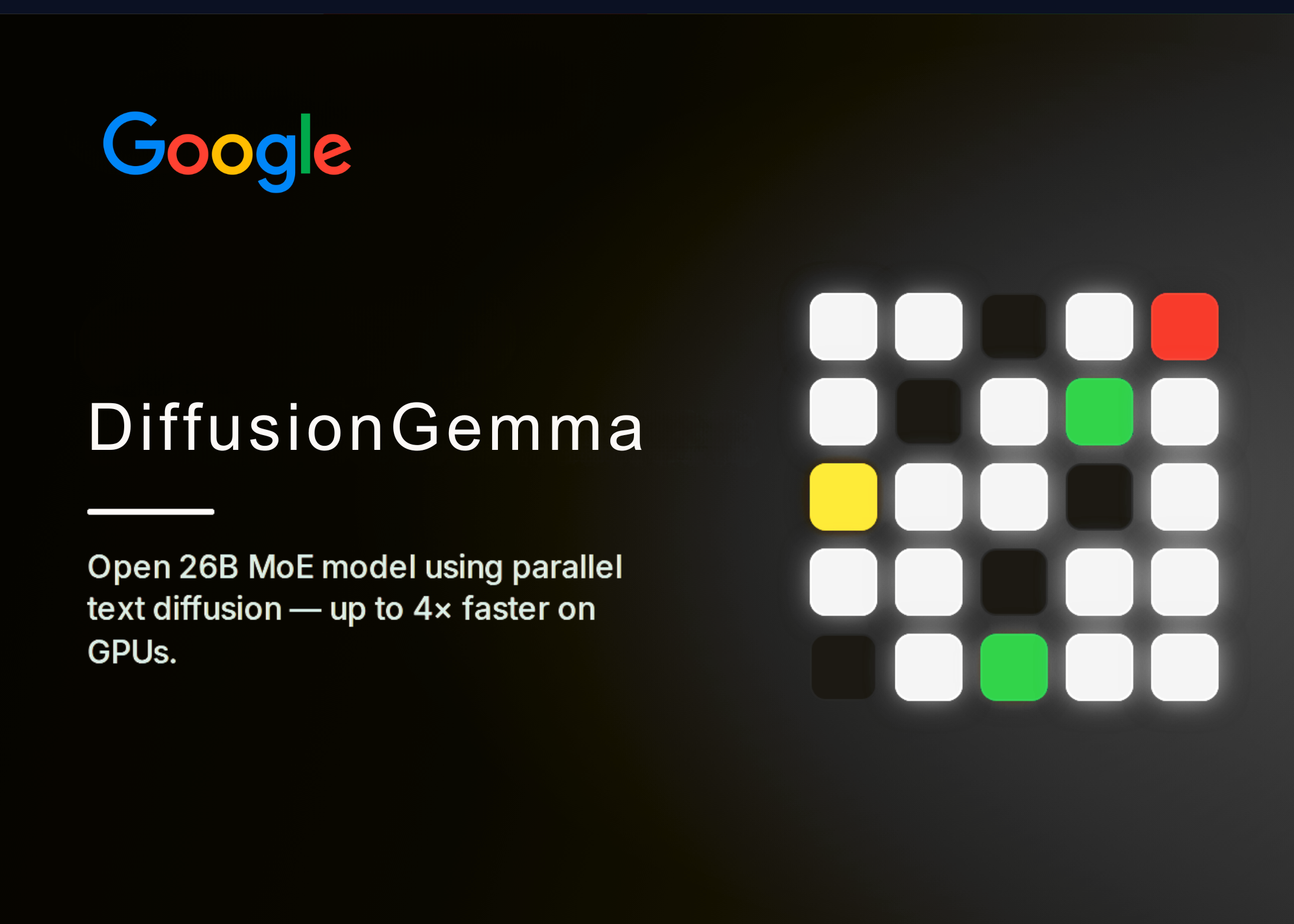 Google AI lance DiffusionGemma, un modèle ouvert de 26 milliards de paramètres utilisant la diffusion de texte pour une génération jusqu'à quatre fois plus rapide