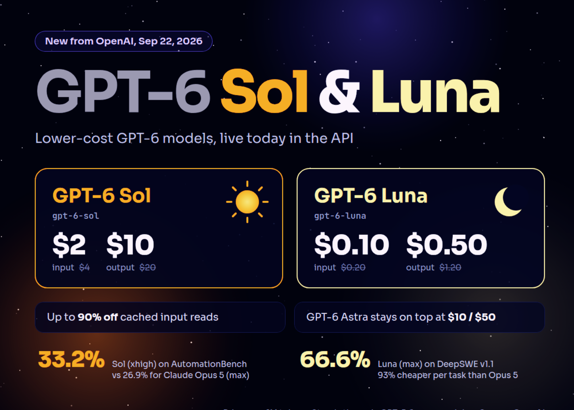OpenAI lance GPT-6 Sol et Luna : des tarifs API 50 % moins chers et des tests de performance